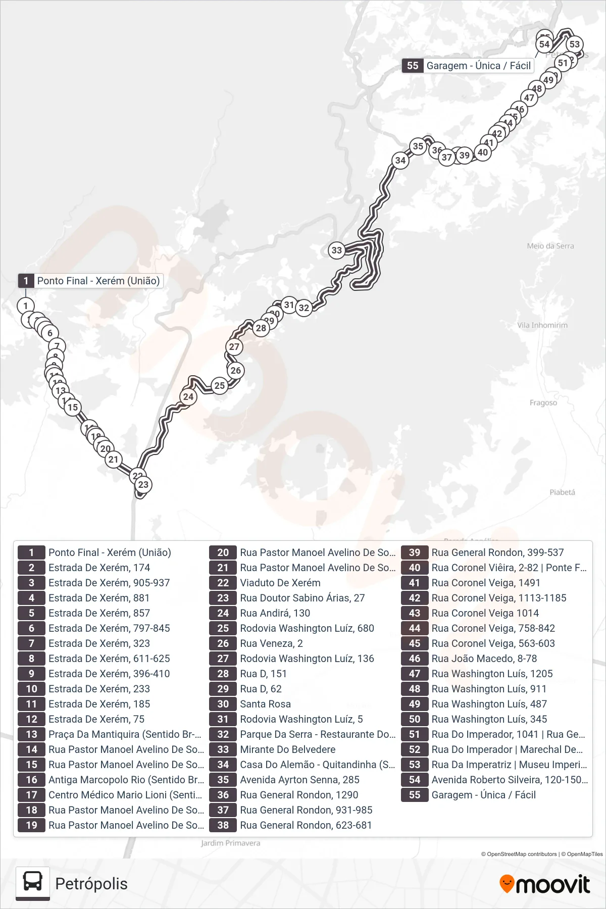 Rota e paradas da linha de ônibus 154N (Petrópolis) no mapa