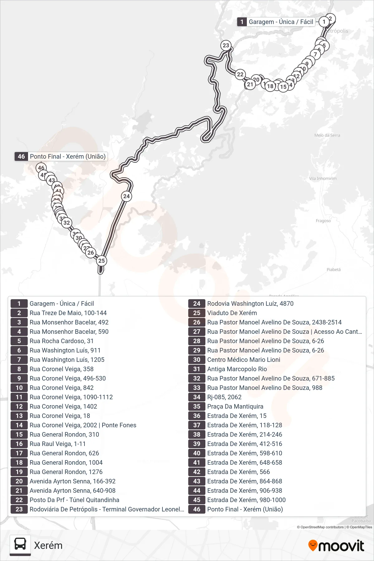 154N bus Line (Xerém) route and stops on a map