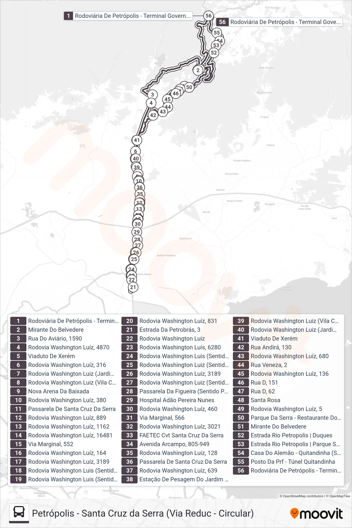 Rota e paradas da linha de ônibus 153N (Petrópolis ↔ Santa Cruz Da Serra) no mapa