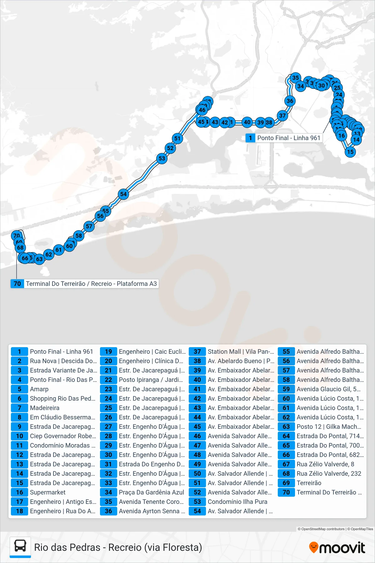 Rota e paradas da linha de ônibus 961 (Recreio) no mapa