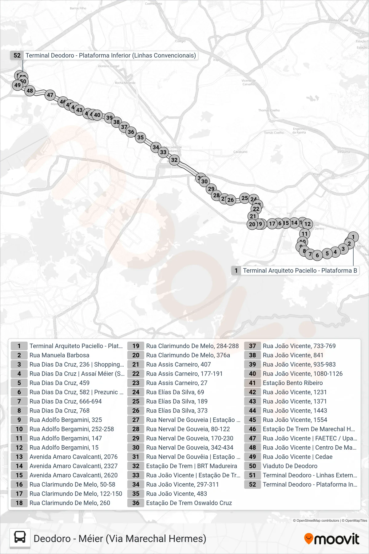 Rota e paradas da linha de ônibus 653 (Deodoro) no mapa