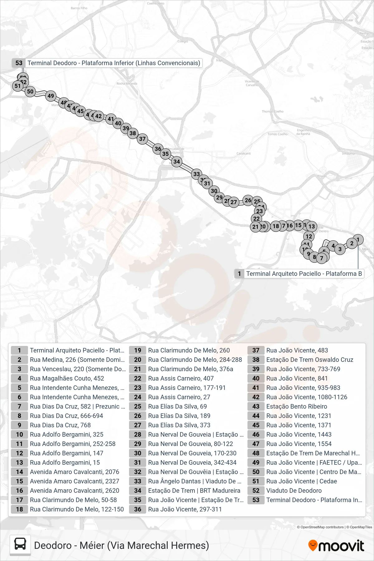 Rota e paradas da linha de ônibus 653 (Deodoro (Área De Lazer)) no mapa