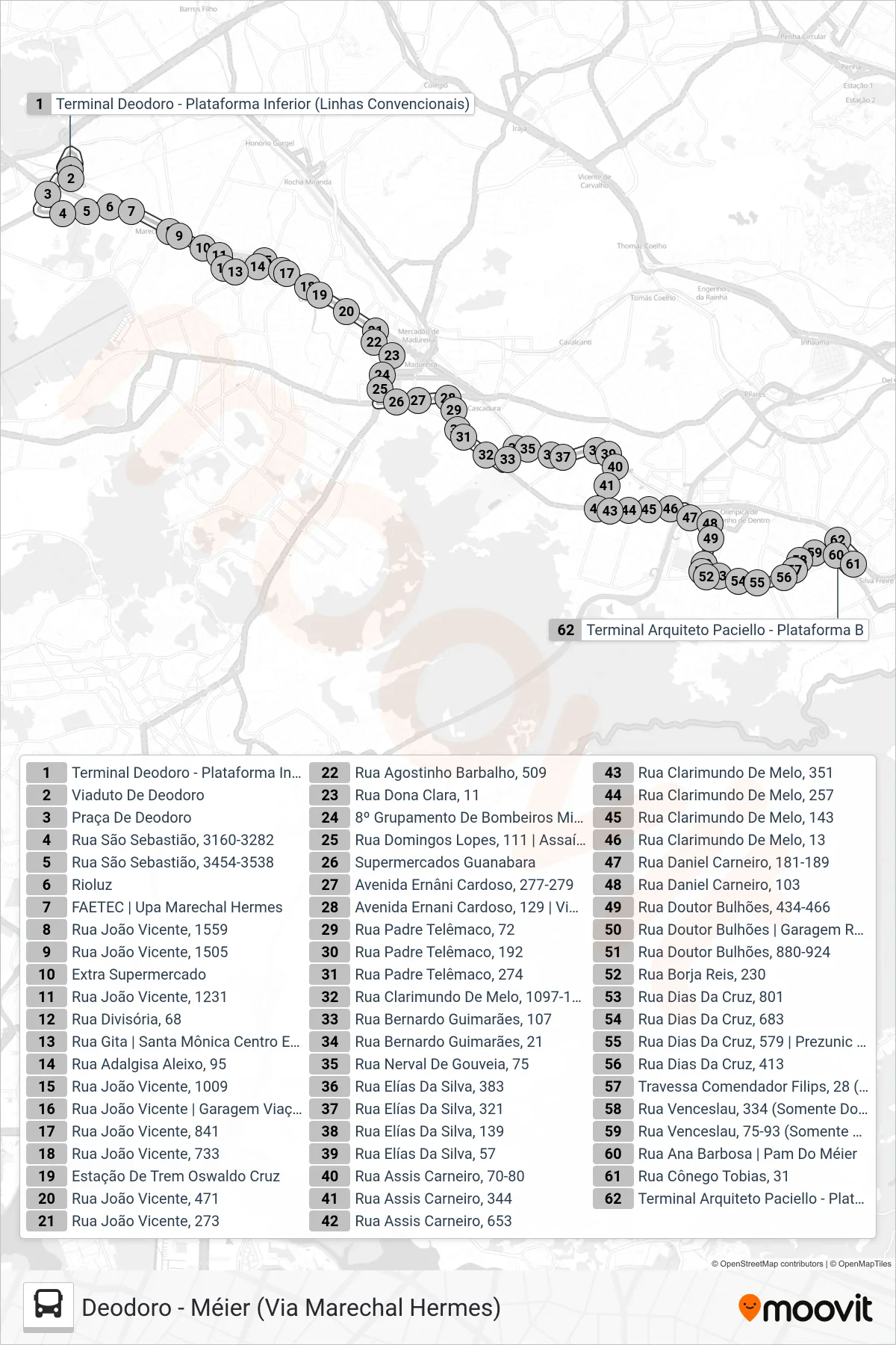 Rota e paradas da linha de ônibus 653 (Méier (Área De Lazer)) no mapa