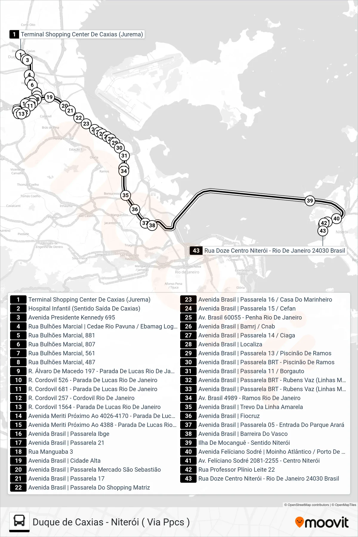 Rota e paradas da linha de ônibus 141C (Niterói) no mapa