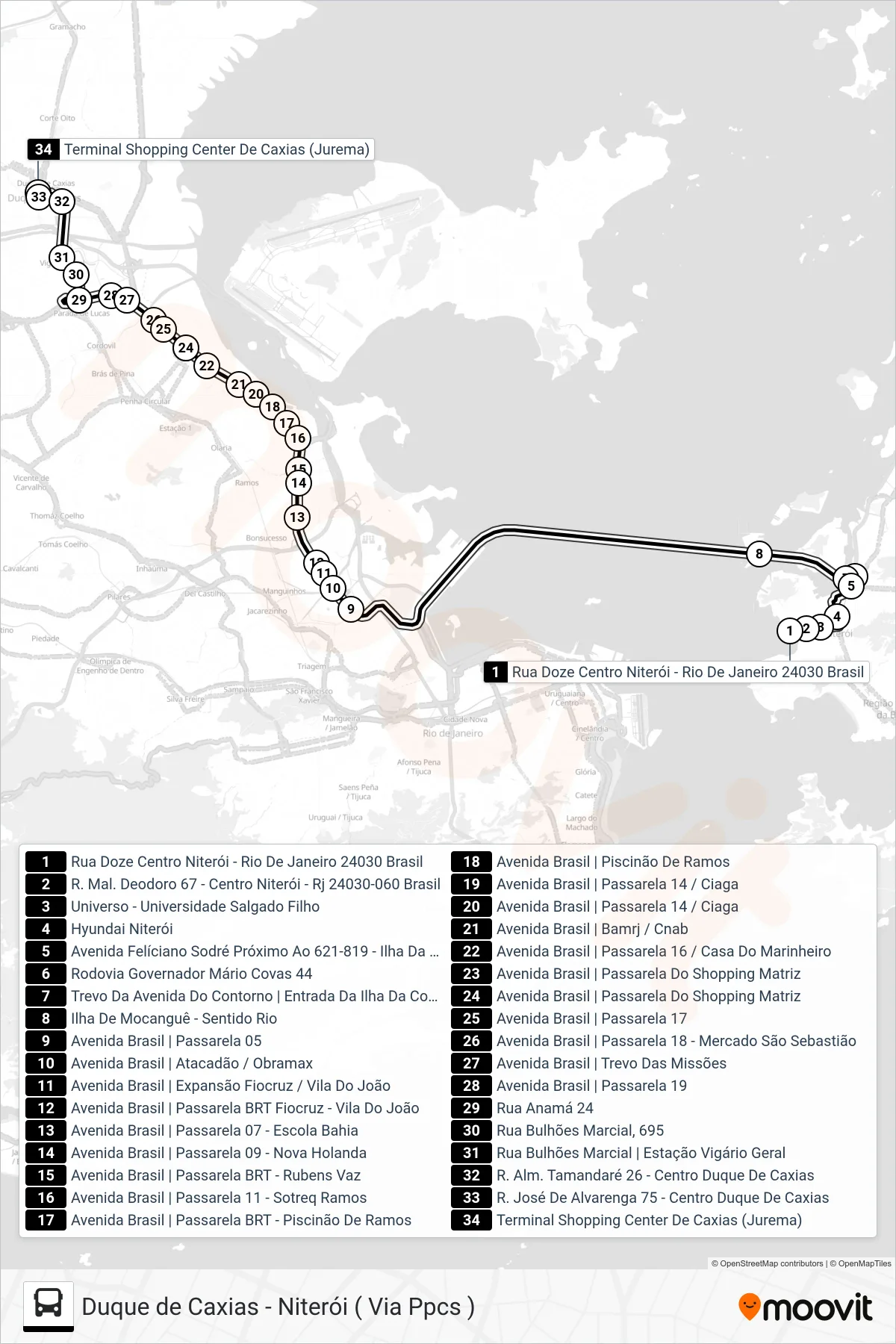 Rota e paradas da linha de ônibus  141C  (Caxias) no mapa