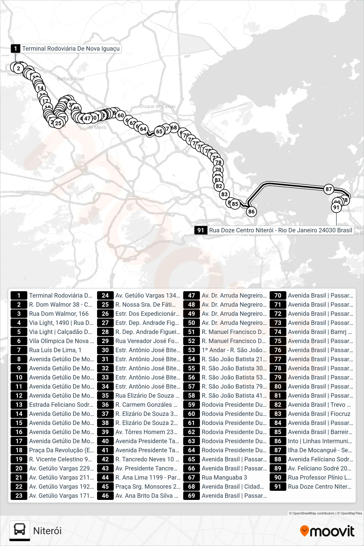 Rota e paradas da linha de ônibus 143C (Niterói) no mapa