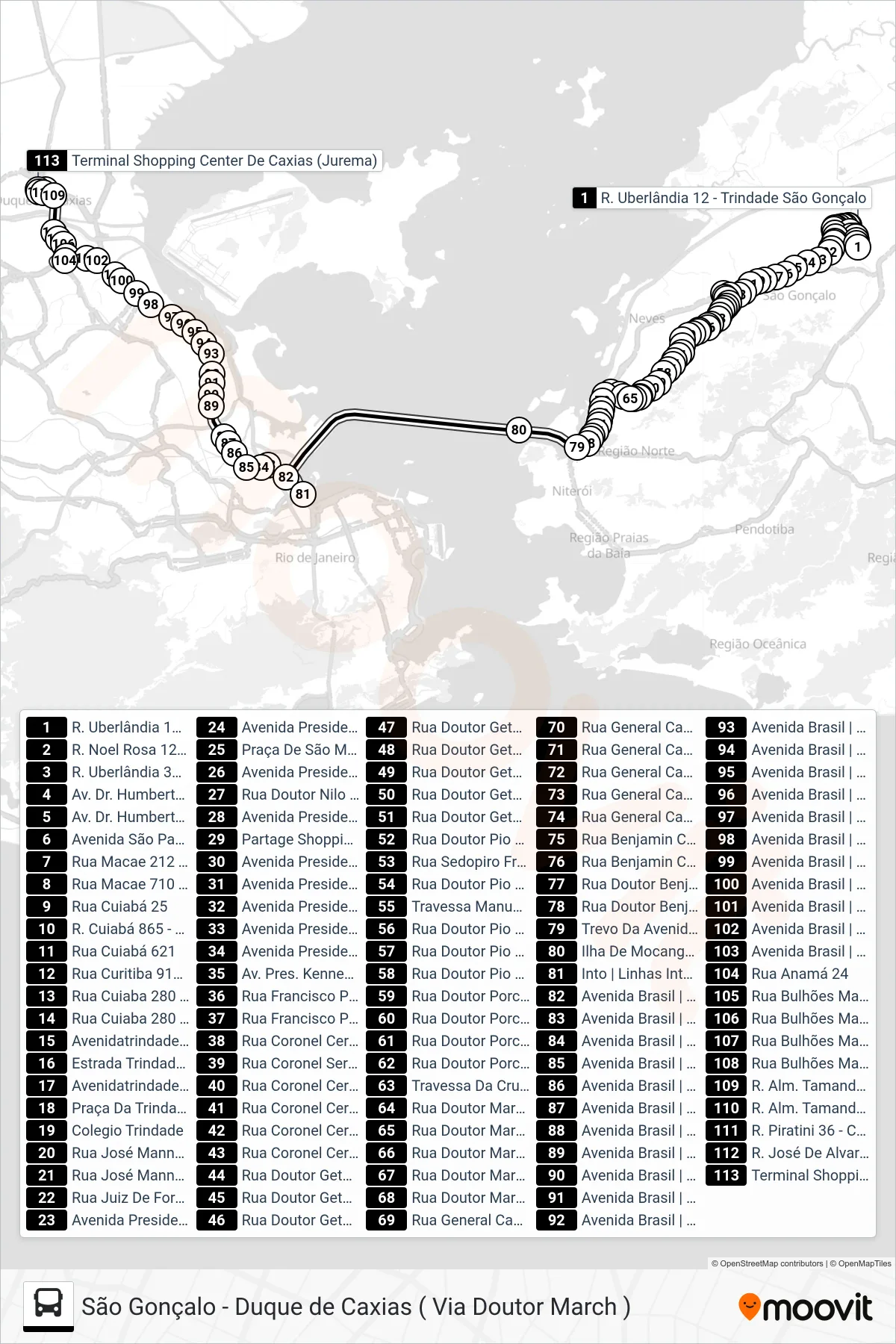 Rota e paradas da linha de ônibus 144C (Caxias) no mapa