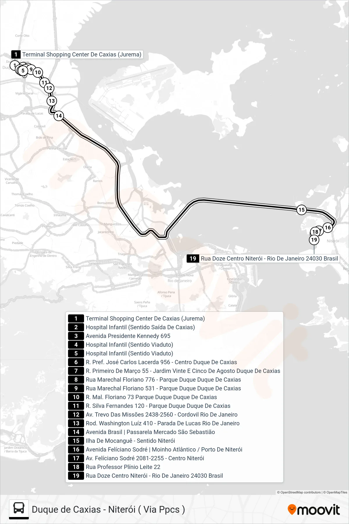 Rota e paradas da linha de ônibus 1930D (Duque De Caxias X Niterói) no mapa