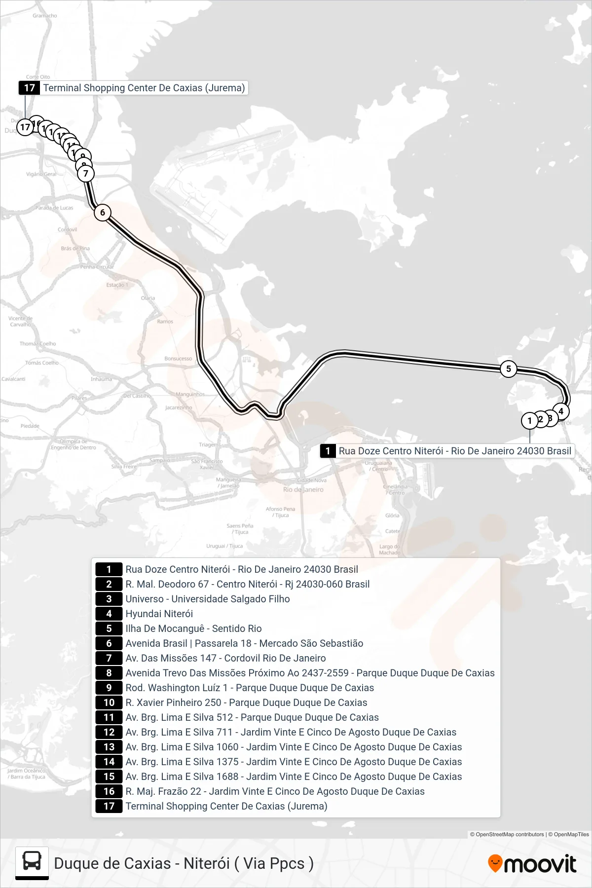 Rota e paradas da linha de ônibus 1930D (Niterói X Duque De Caxias) no mapa