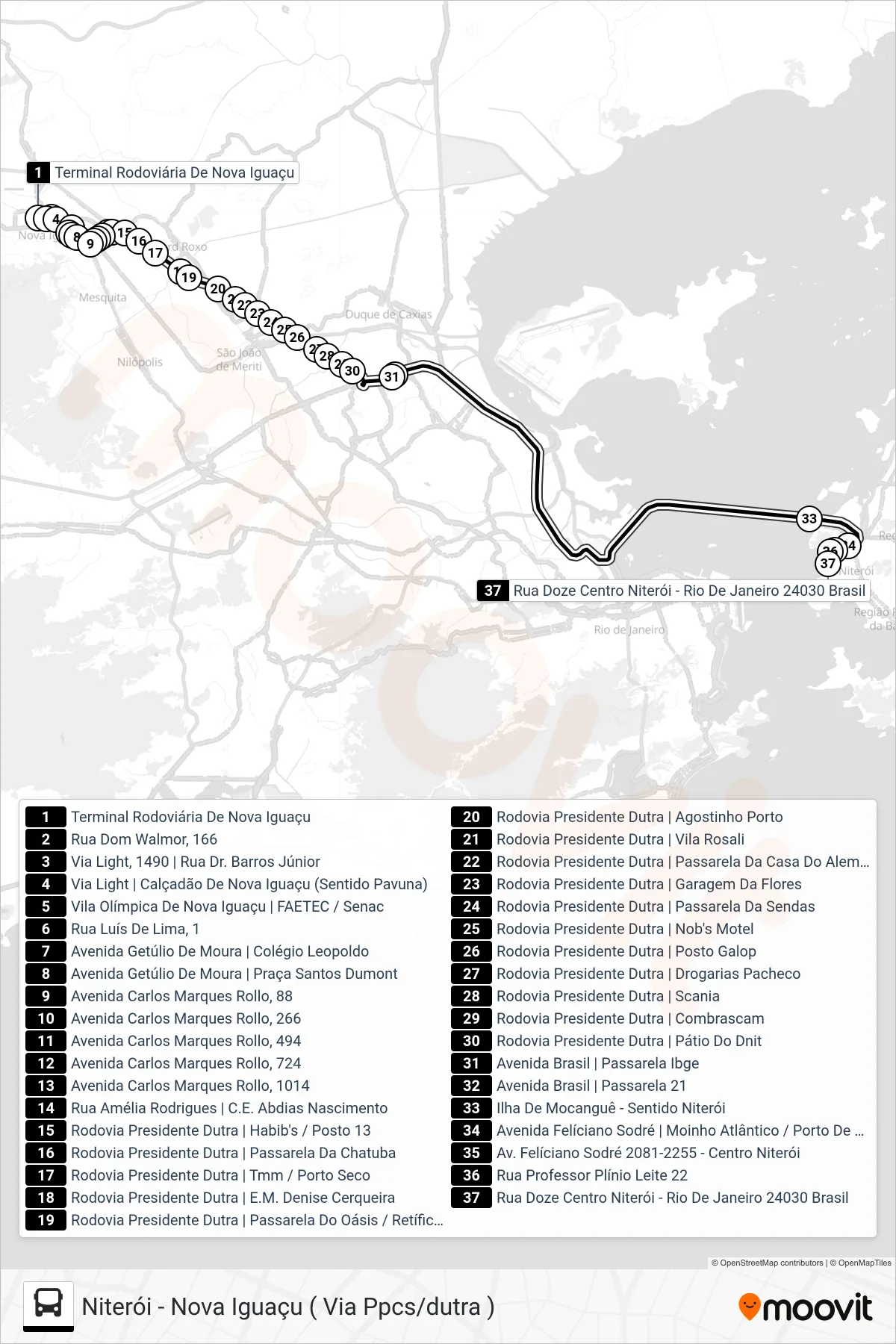 Rota e paradas da linha de ônibus 1941D (Niteroi - Seletiva) no mapa