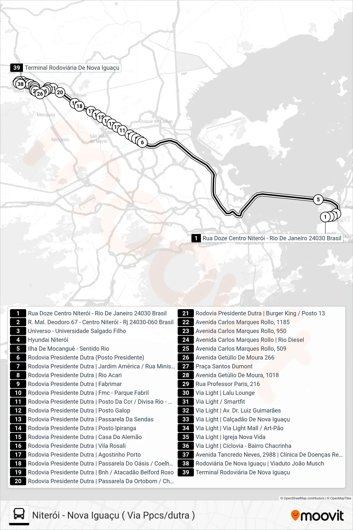 Rota e paradas da linha de ônibus 1941D (Nova Iguaçu - Seletiva) no mapa
