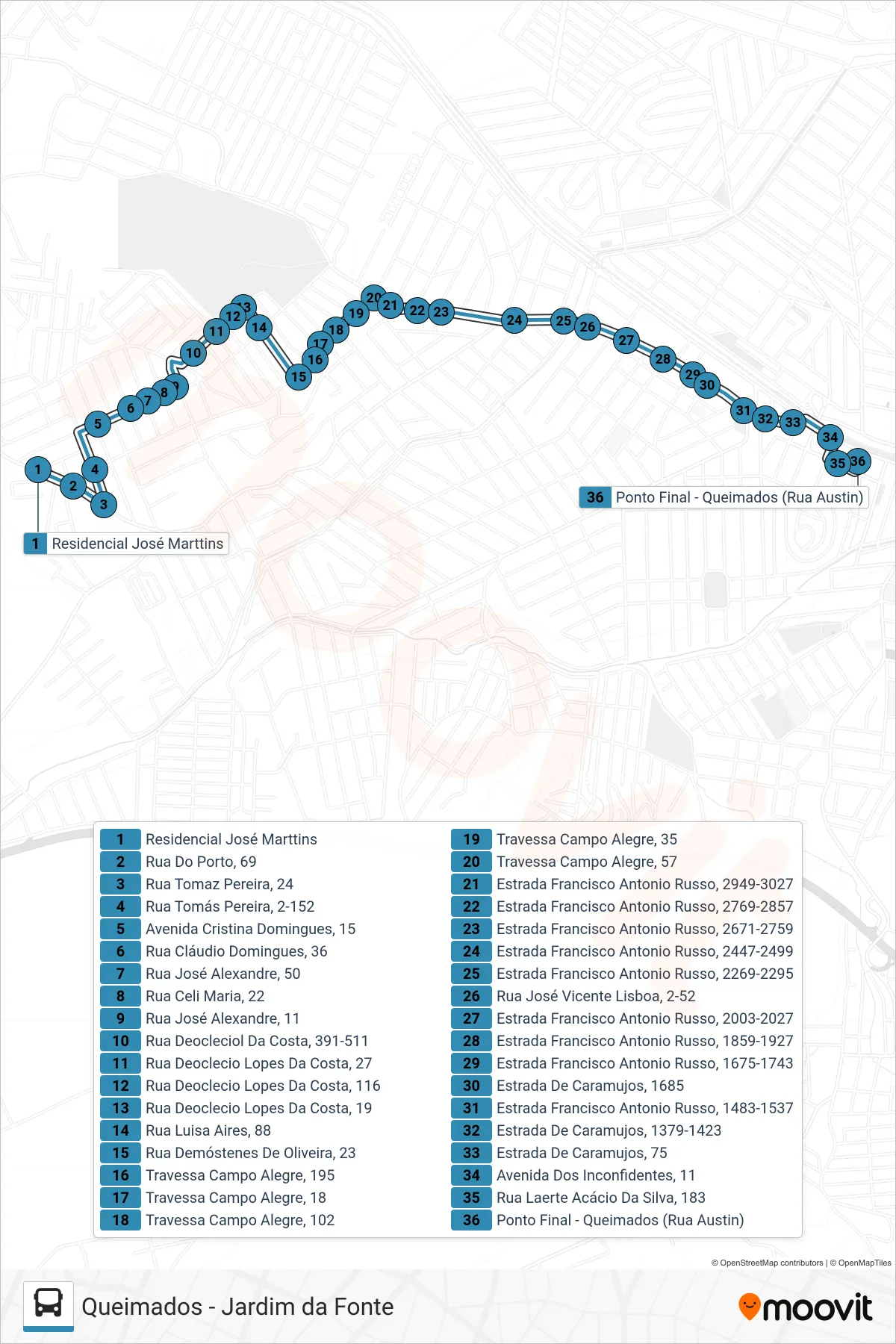 Rota e paradas da linha de ônibus 02 (Queimados) no mapa