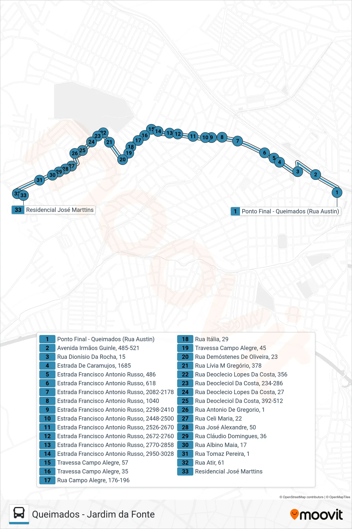 Rota e paradas da linha de ônibus 02 (Jardim Da Fonte) no mapa