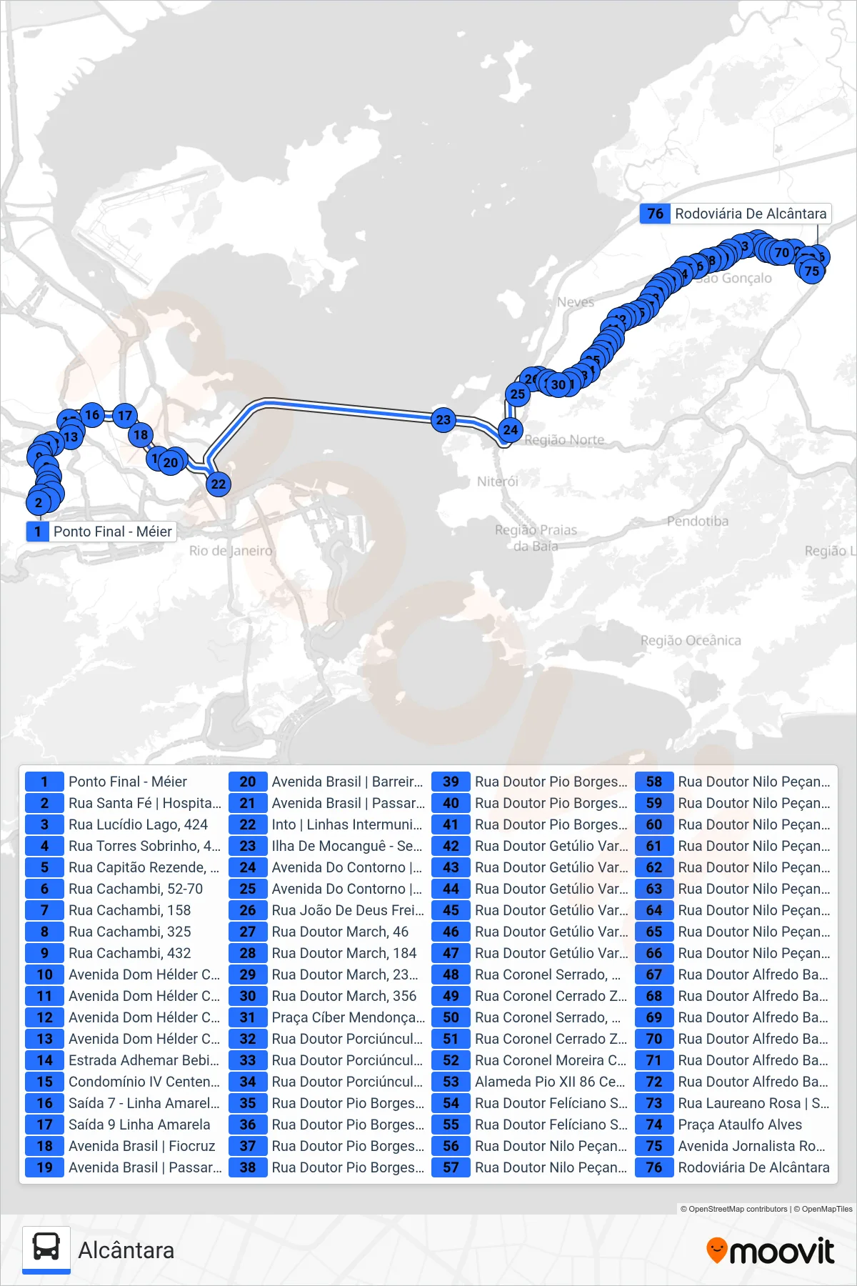 Rota e paradas da linha de ônibus 533D (Alcântara) no mapa