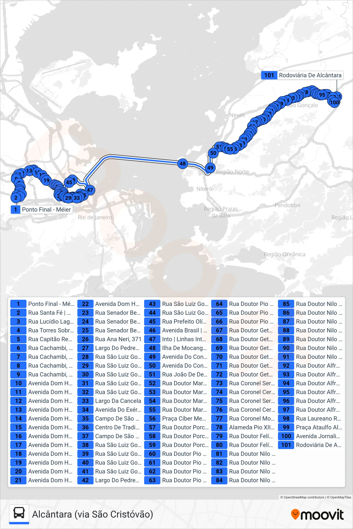 Rota e paradas da linha de ônibus 533D (Alcântara (via São Cristóvão)) no mapa