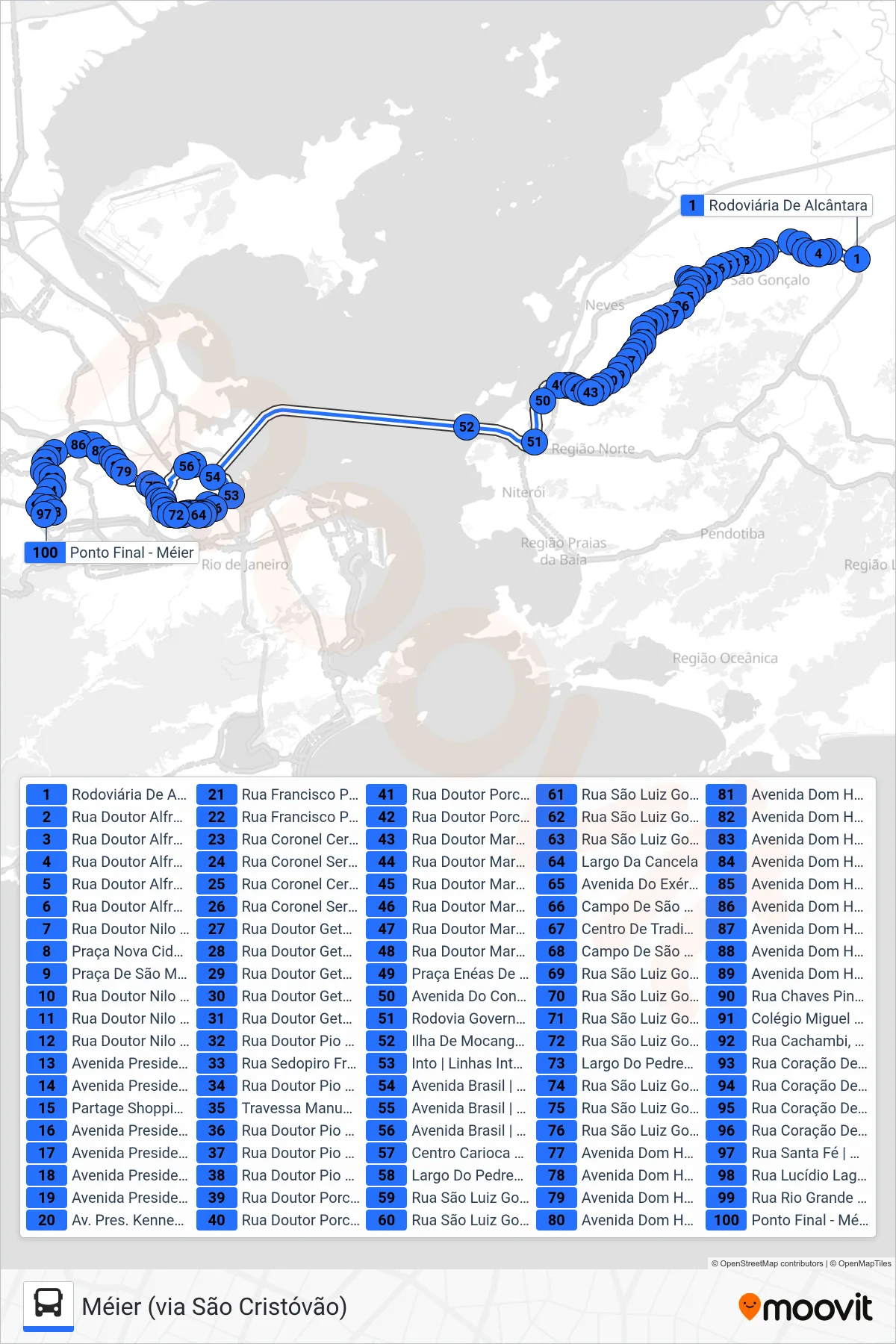 Rota e paradas da linha de ônibus 533D (Méier (via São Cristóvão)) no mapa