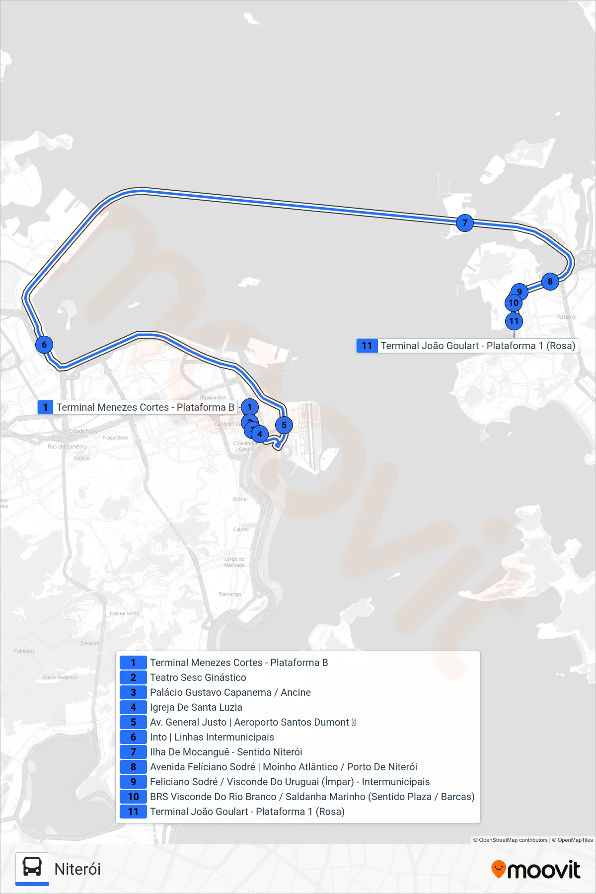 Rota e paradas da linha de ônibus 2100D (EXECUTIVO) (Niterói) no mapa