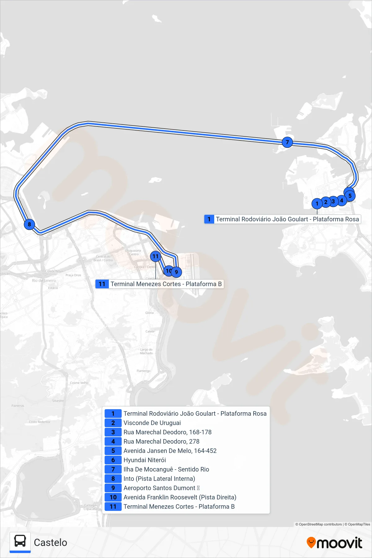 Rota e paradas da linha de ônibus 2100D (EXECUTIVO) (Castelo) no mapa
