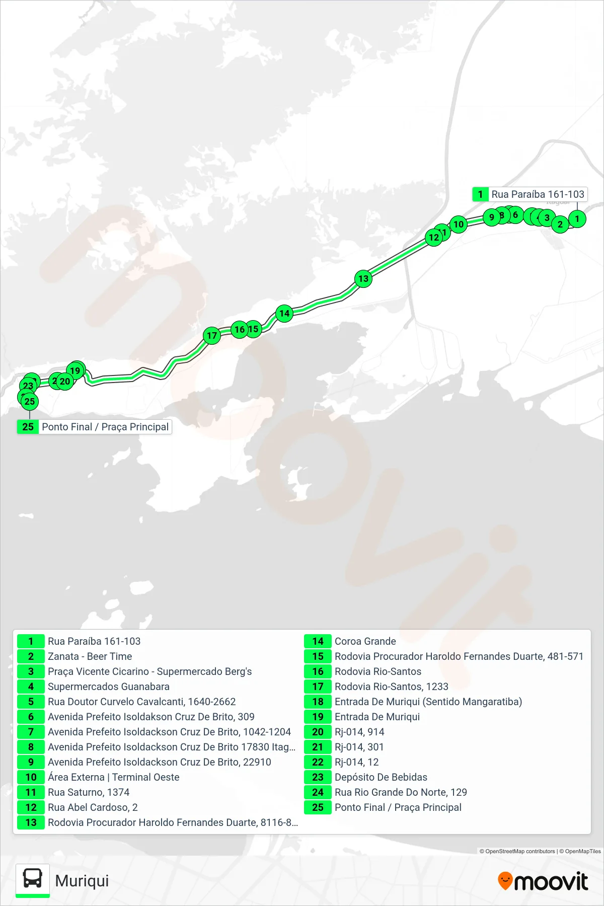 Rota e paradas da linha de ônibus V124 (Muriqui) no mapa