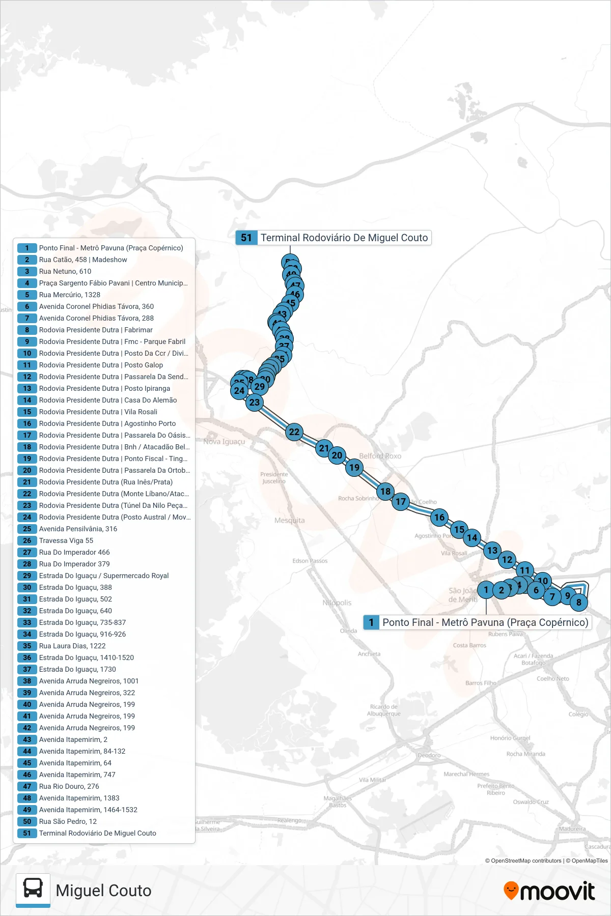 Rota e paradas da linha de ônibus 708I (Miguel Couto) no mapa