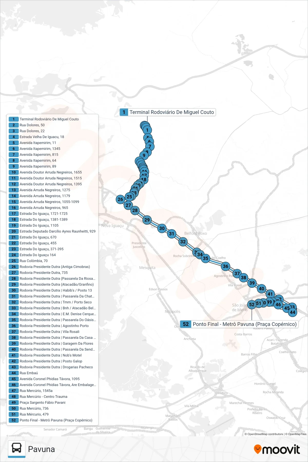 Rota e paradas da linha de ônibus 708I (Pavuna) no mapa