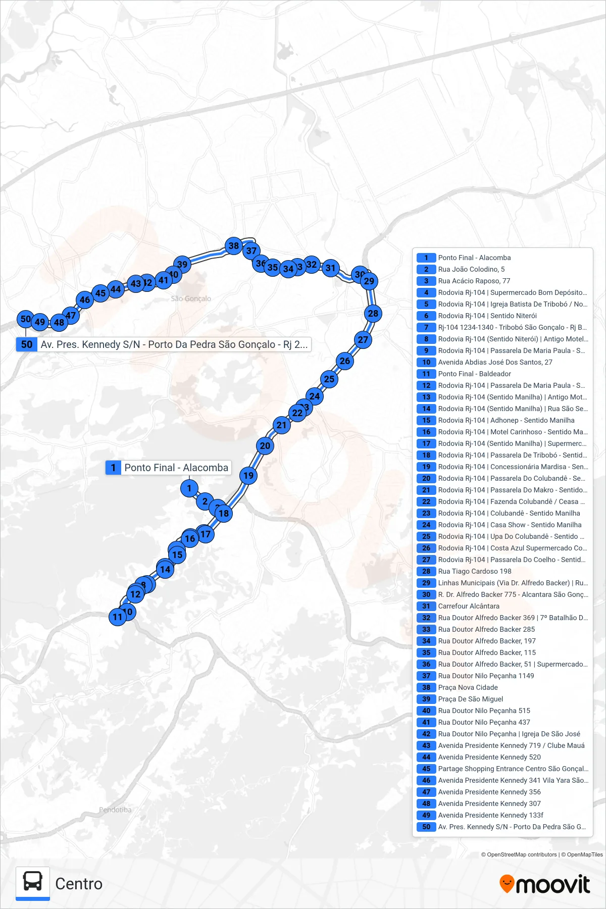 Rota e paradas da linha de ônibus  57  (Centro) no mapa