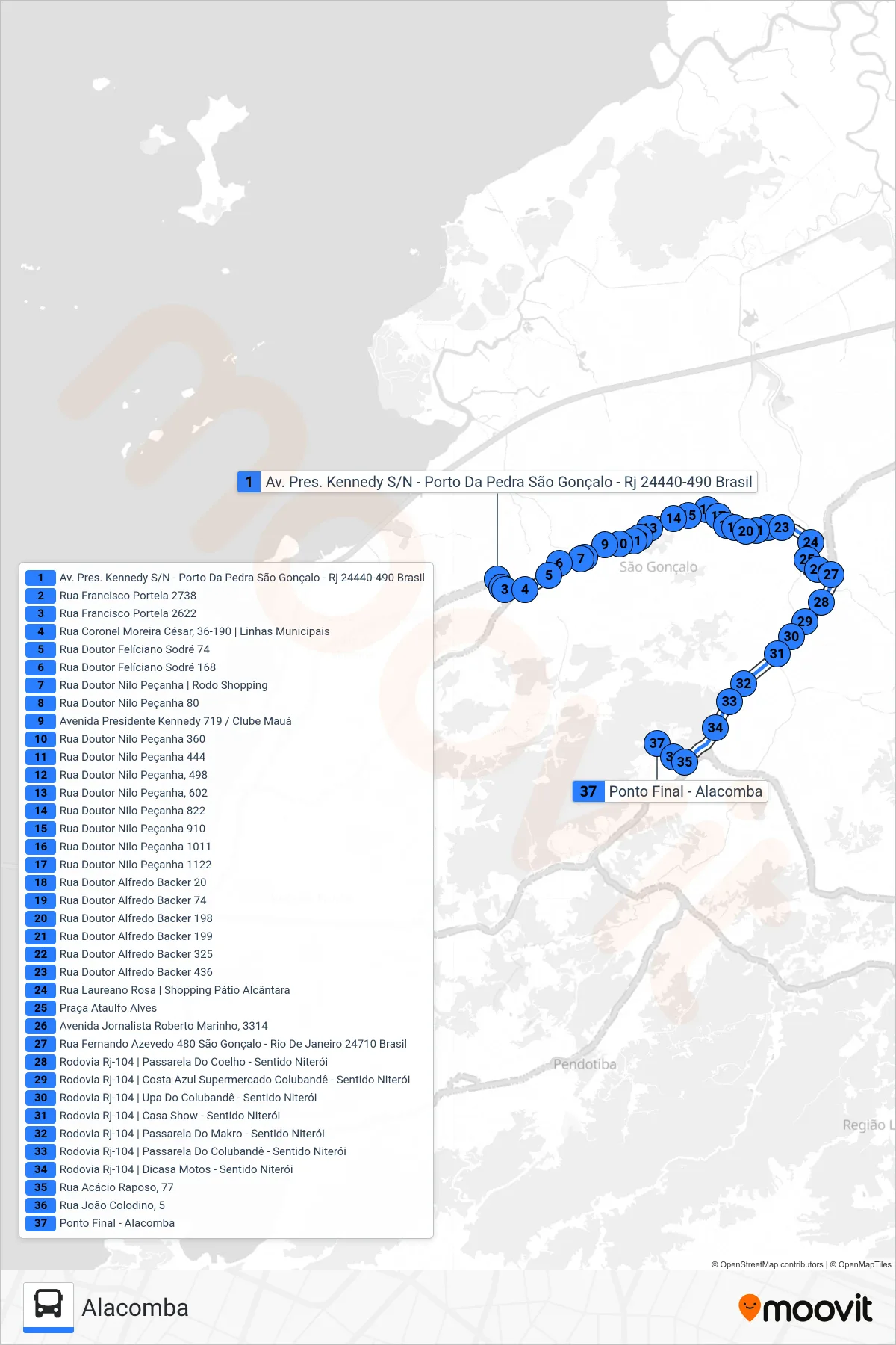 Rota e paradas da linha de ônibus 57 (Alacomba) no mapa