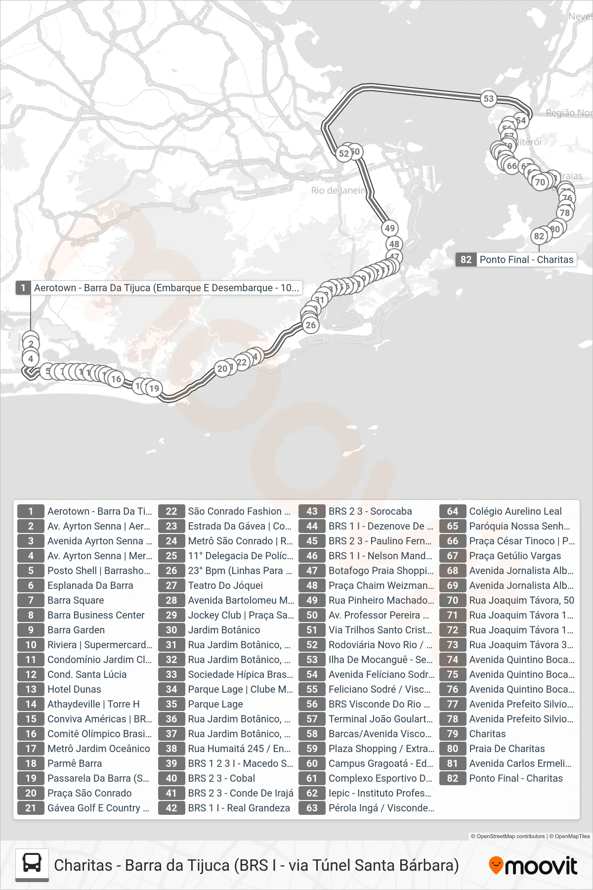 Rota e paradas da linha de ônibus 785D (Charitas) no mapa