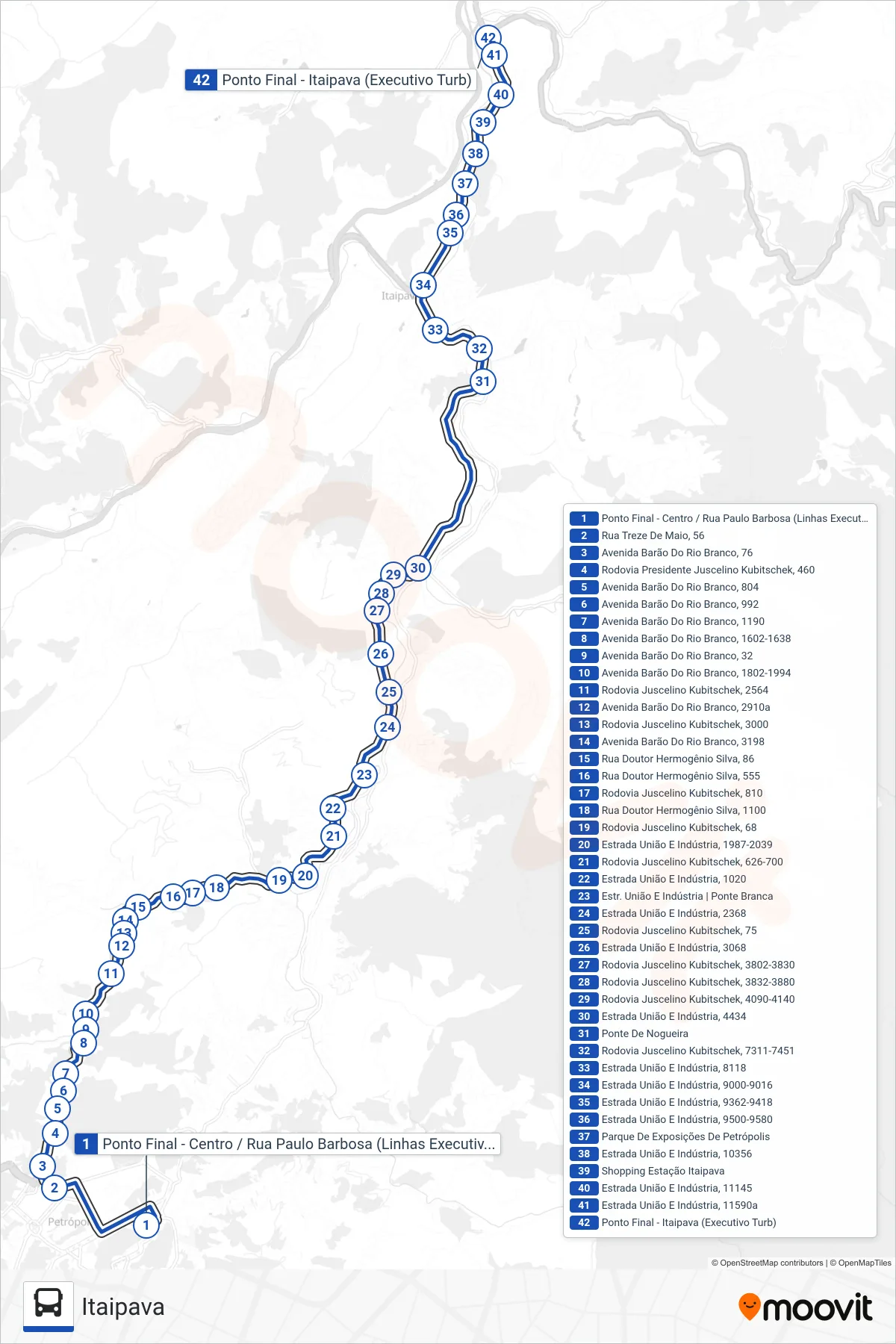Rota e paradas da linha de ônibus 77 (EXECUTIVO) (Itaipava) no mapa