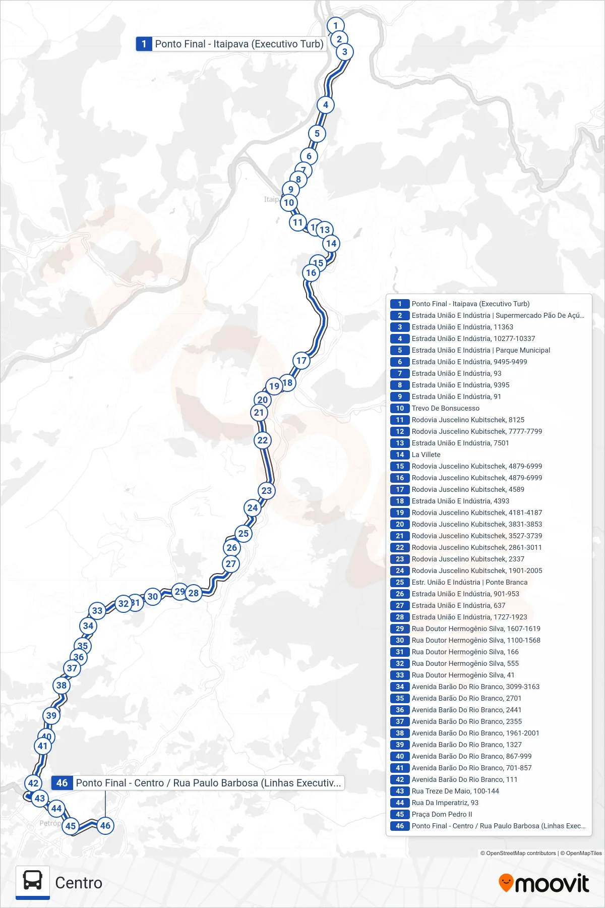 Rota e paradas da linha de ônibus 77 (EXECUTIVO) (Centro) no mapa