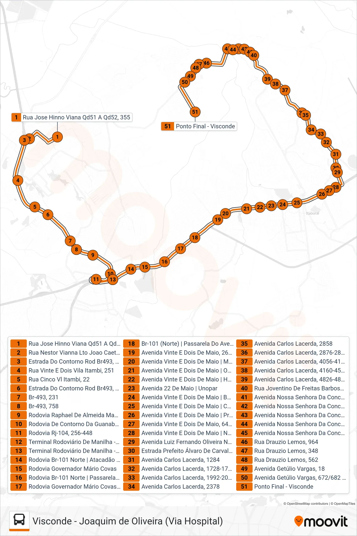 Rota e paradas da linha de ônibus 81 (Visconde) no mapa