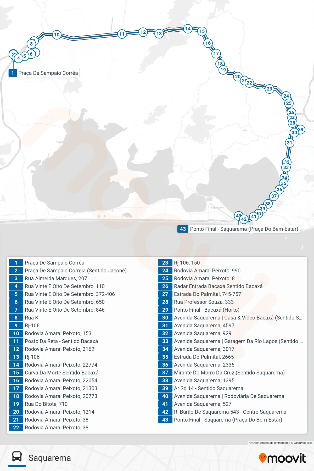 Rota e paradas da linha de ônibus 33 (Saquarema) no mapa
