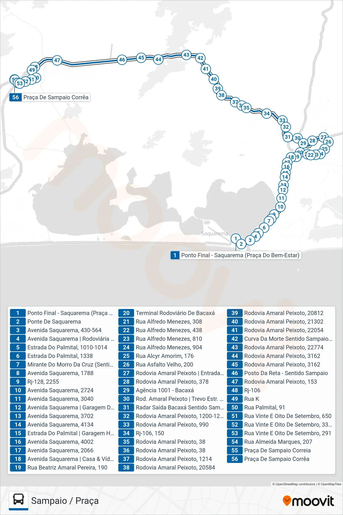 Rota e paradas da linha de ônibus 33 (Sampaio / Praça) no mapa