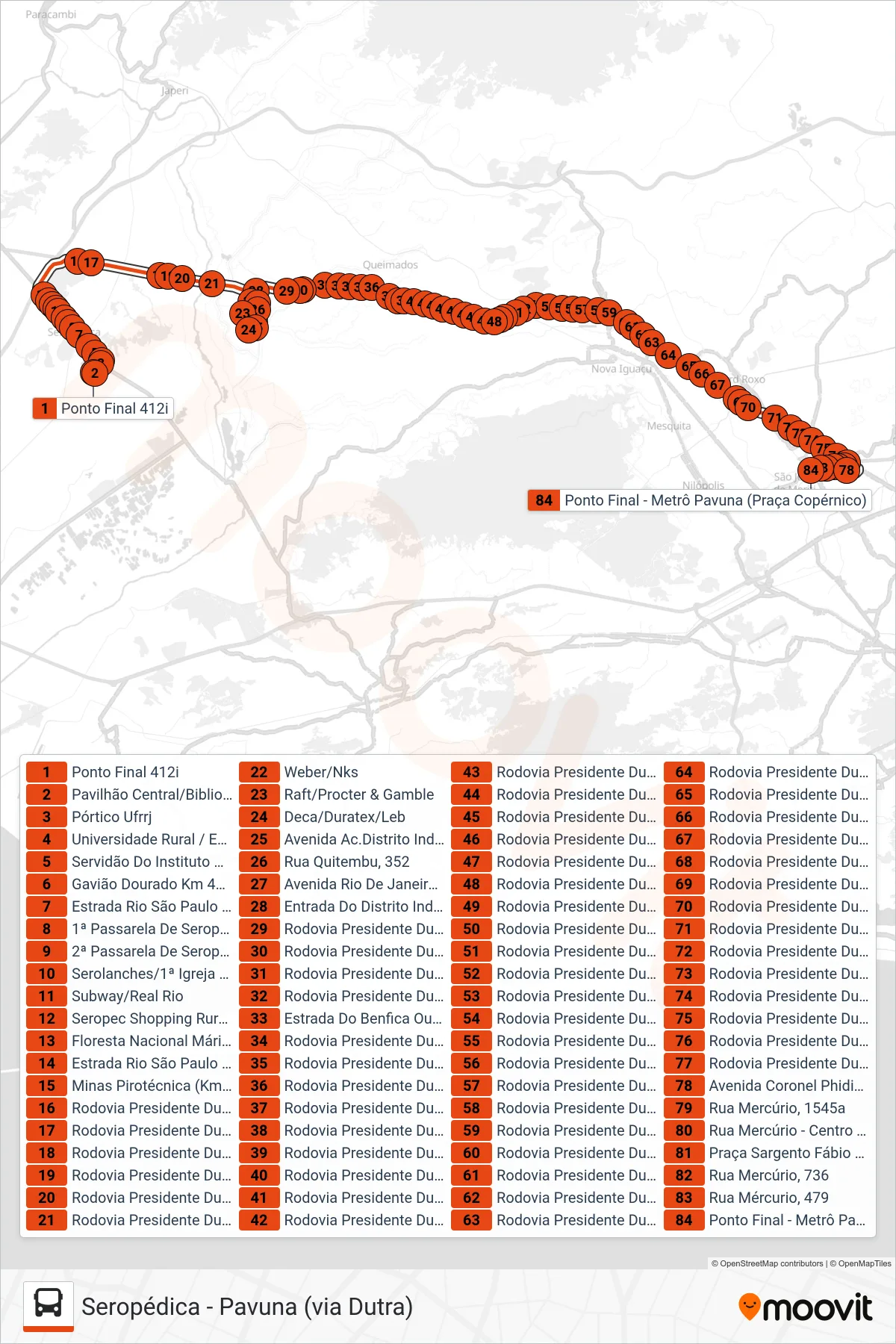 412I bus Line (Pavuna) route and stops on a map