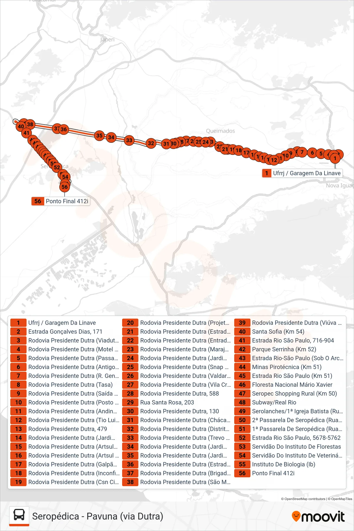 412I bus Line (Posse → Seropédica) route and stops on a map