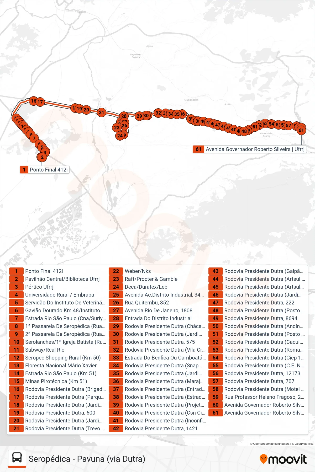 412I bus Line (Seropédica → Posse) route and stops on a map