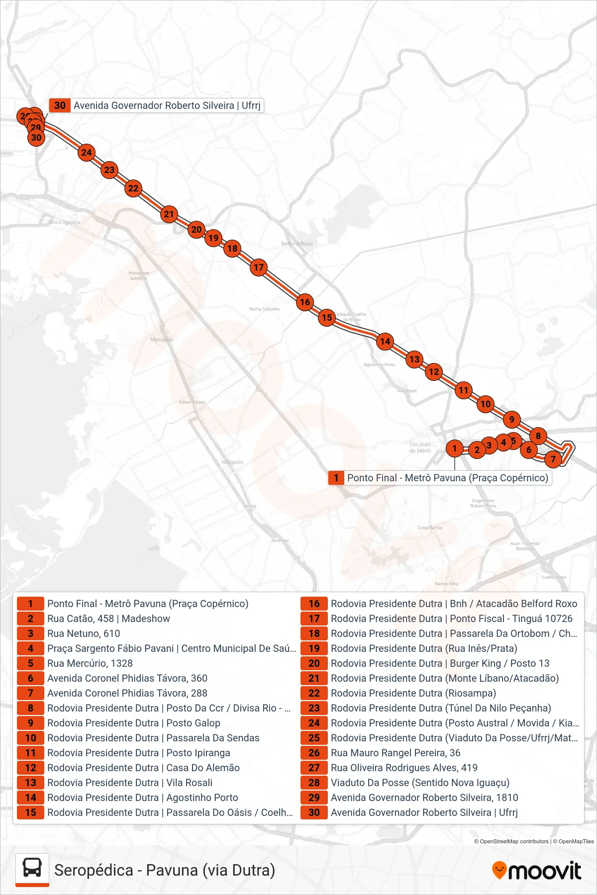 Rota e paradas da linha de ônibus  412I  (Pavuna → Posse) no mapa