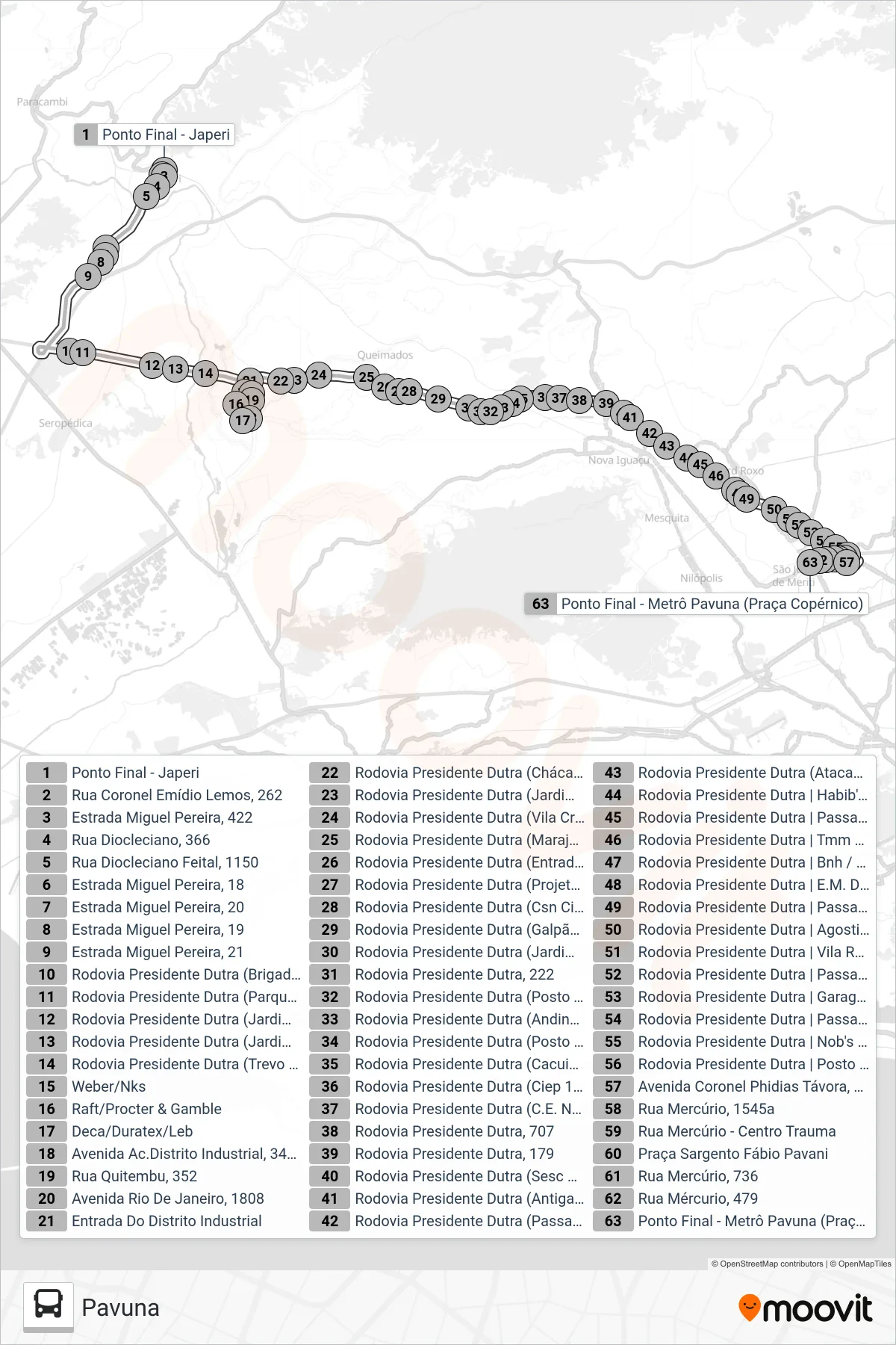 592I bus Line (Pavuna) route and stops on a map