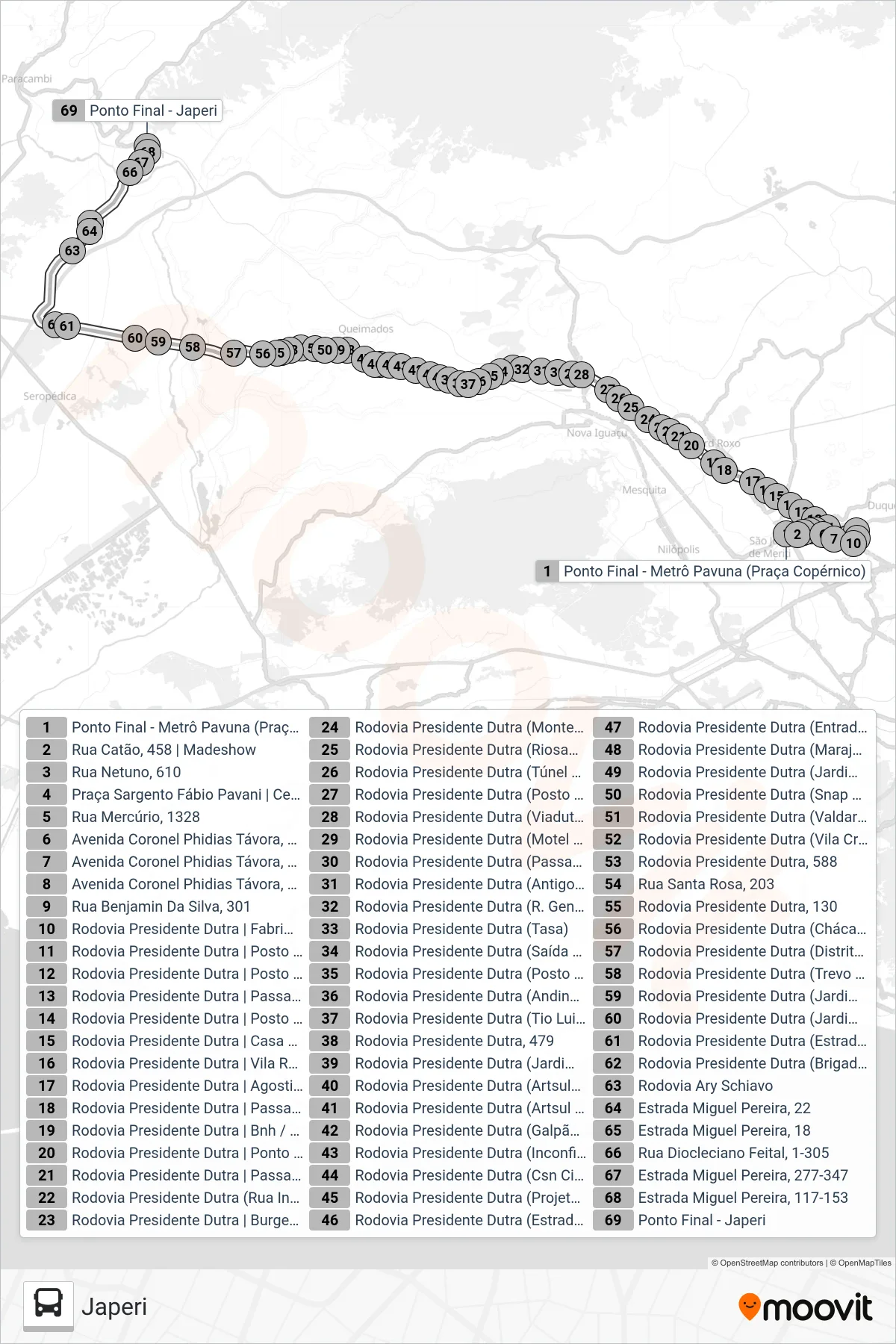 Rota e paradas da linha de ônibus 592I (Japeri) no mapa