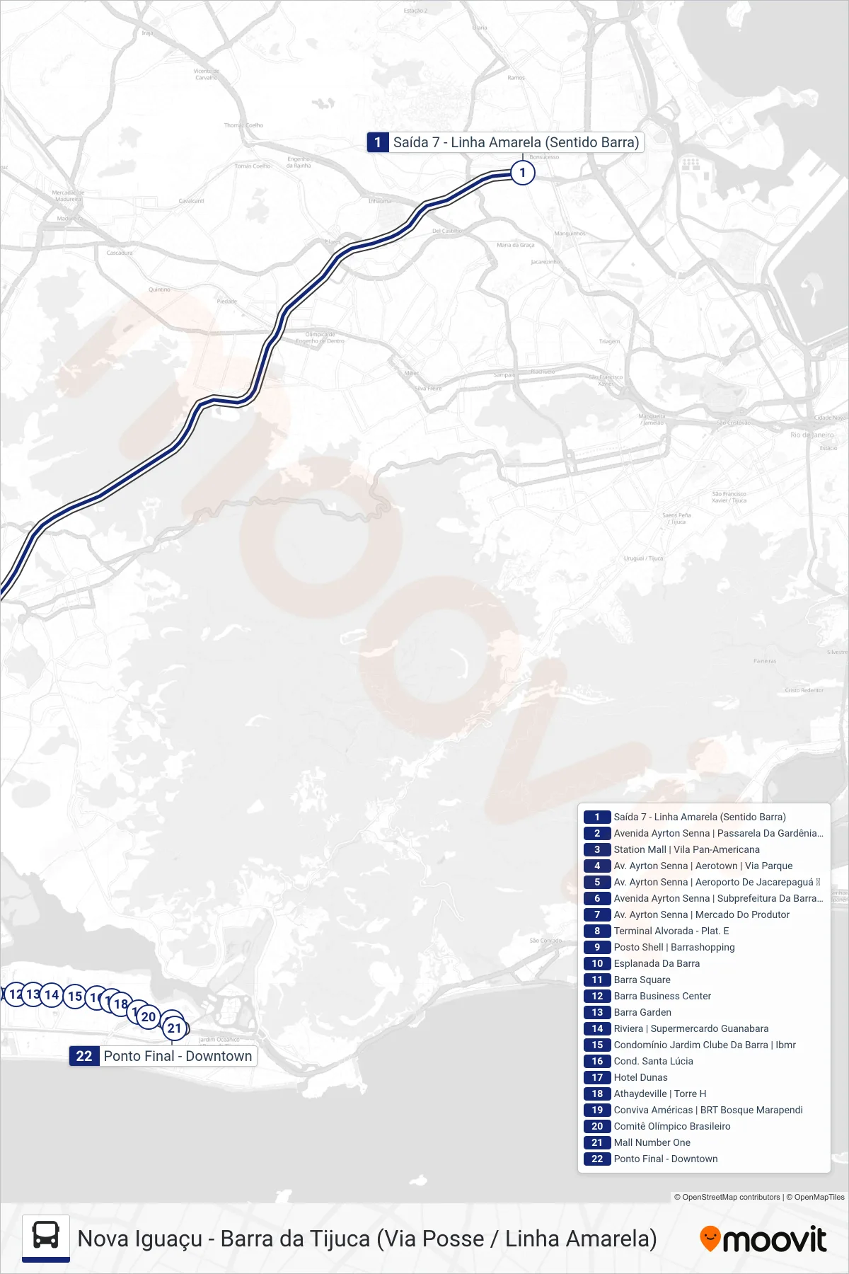 405T bus Line (Saída 7 → Barra Da Tijuca) route and stops on a map