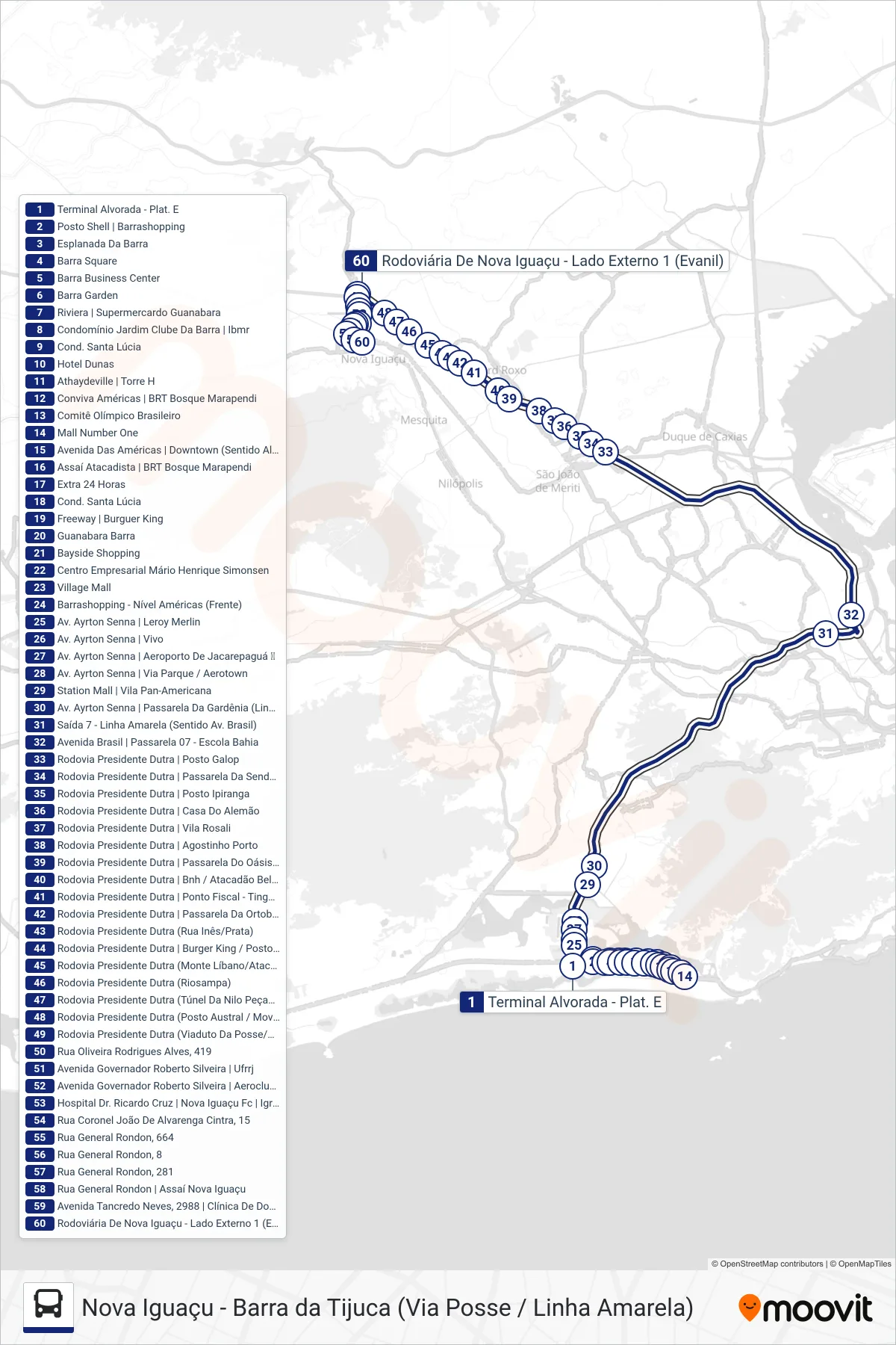 405T bus Line (Nova Iguaçu) route and stops on a map