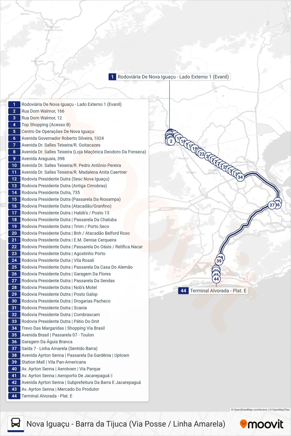 405T bus Line (Barra Da Tijuca) route and stops on a map