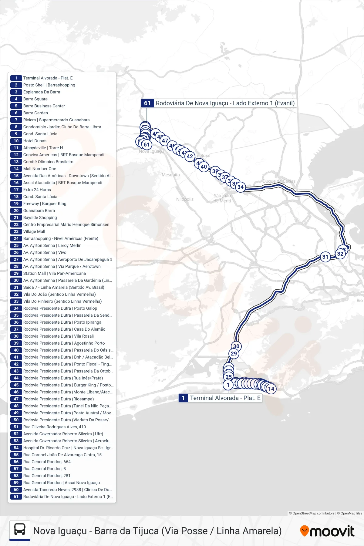 405T bus Line (Nova Iguaçu (Expresso)) route and stops on a map