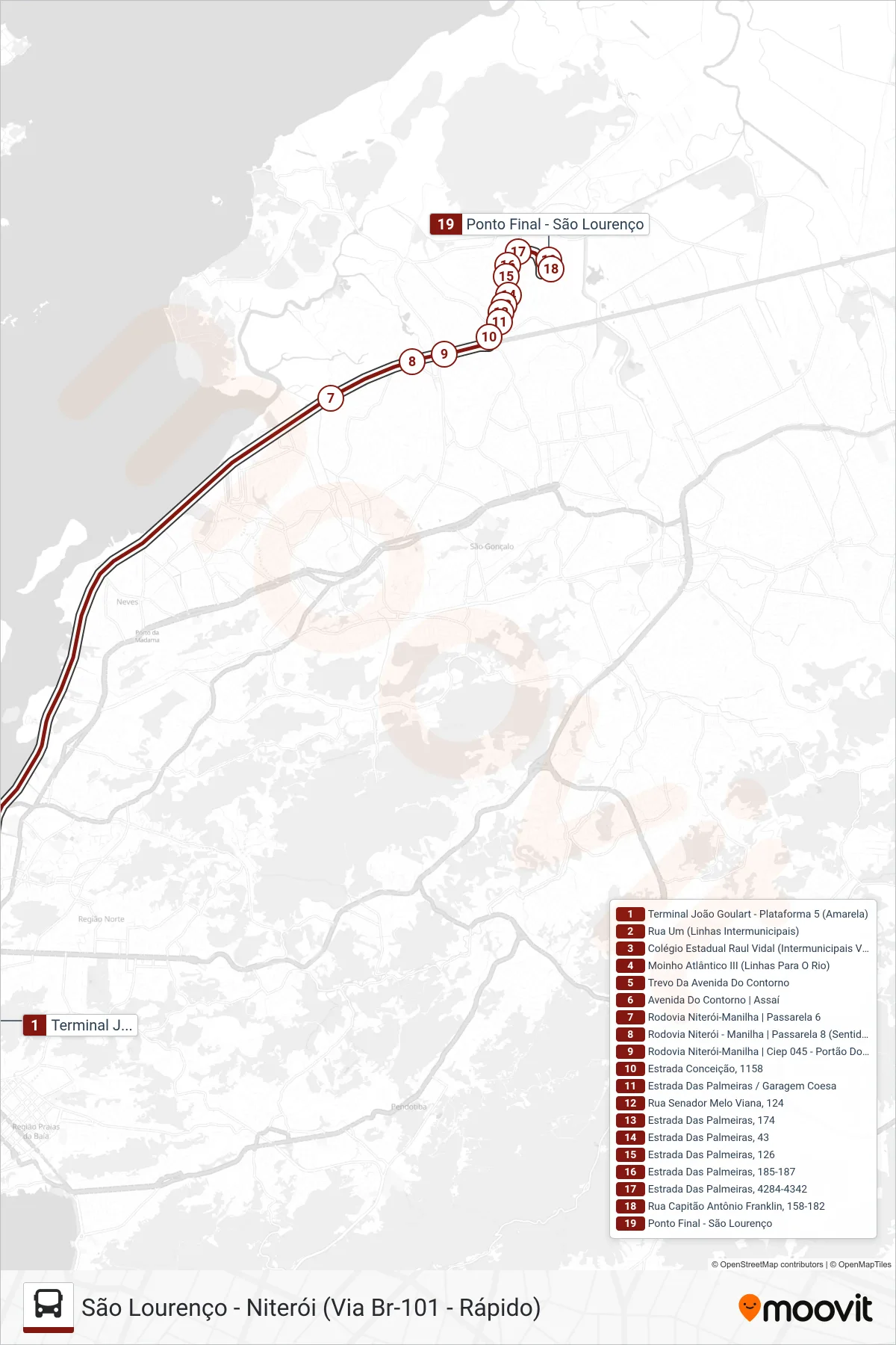 Rota e paradas da linha de ônibus 412M (São Lourenço) no mapa