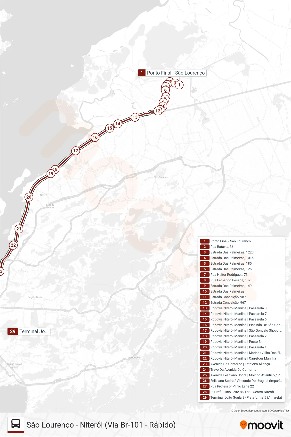 Rota e paradas da linha de ônibus 412M (Niterói) no mapa