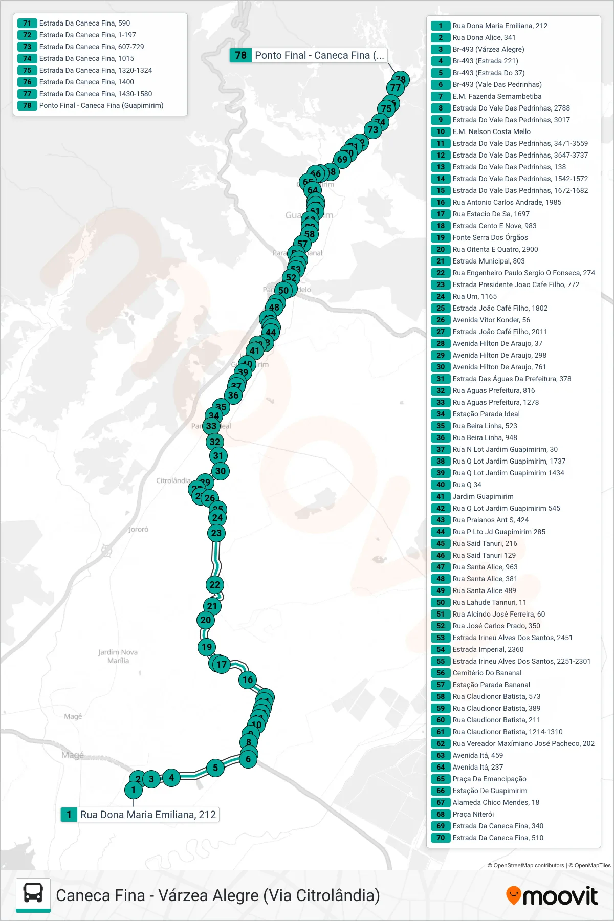 LINHA 1 bus Line (Caneca Fina) route and stops on a map