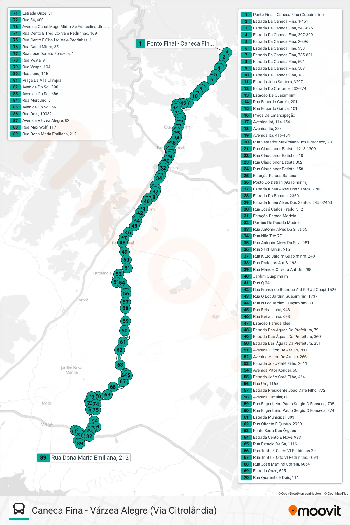 LINHA 1 bus Line (Várzea Alegre) route and stops on a map