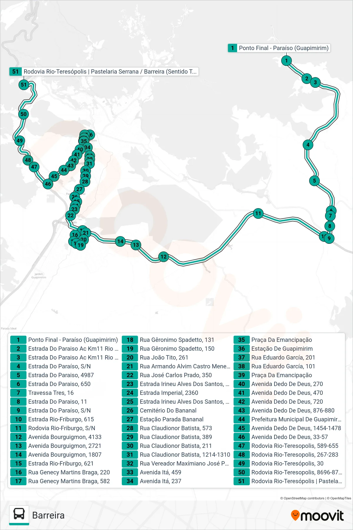 Rota e paradas da linha de ônibus LINHA 3 (Barreira) no mapa