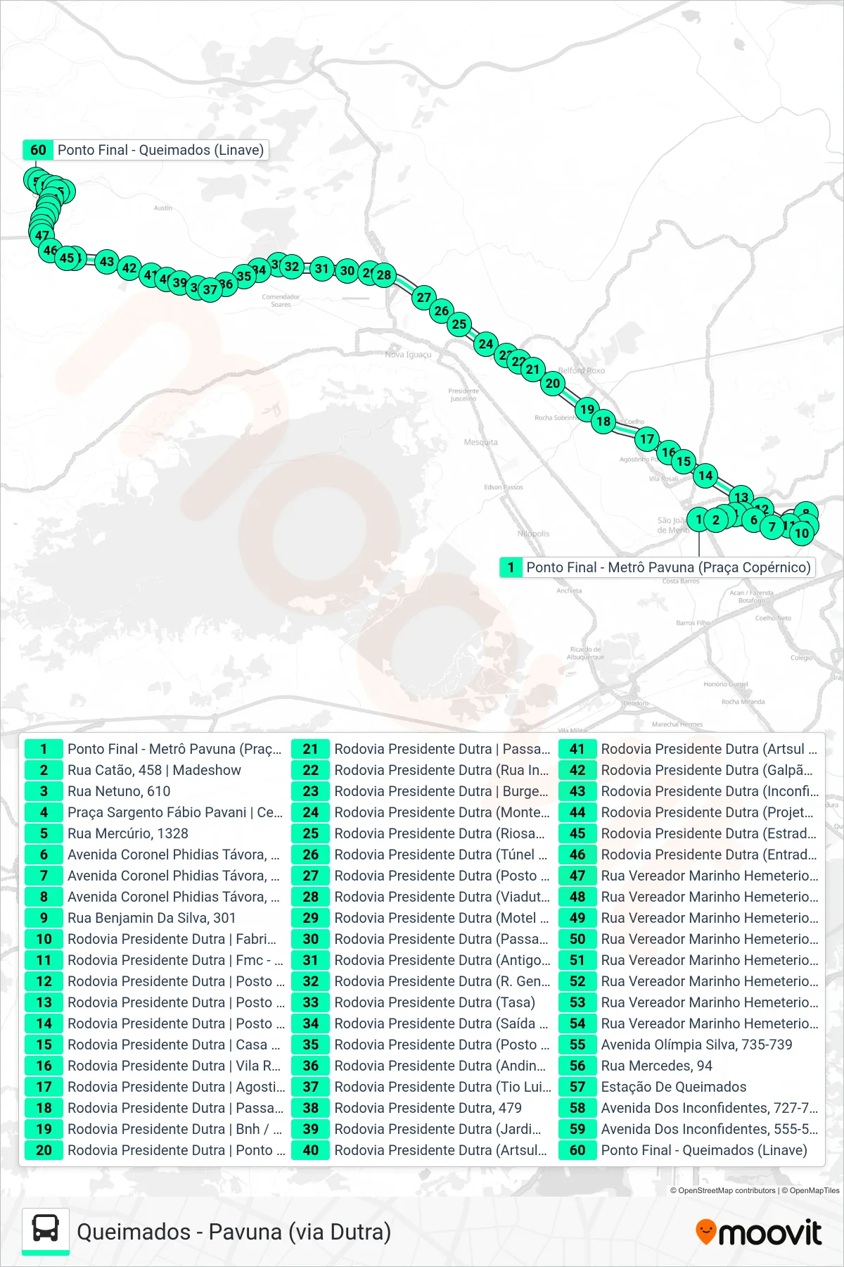 Rota e paradas da linha de ônibus 710I (Queimados) no mapa