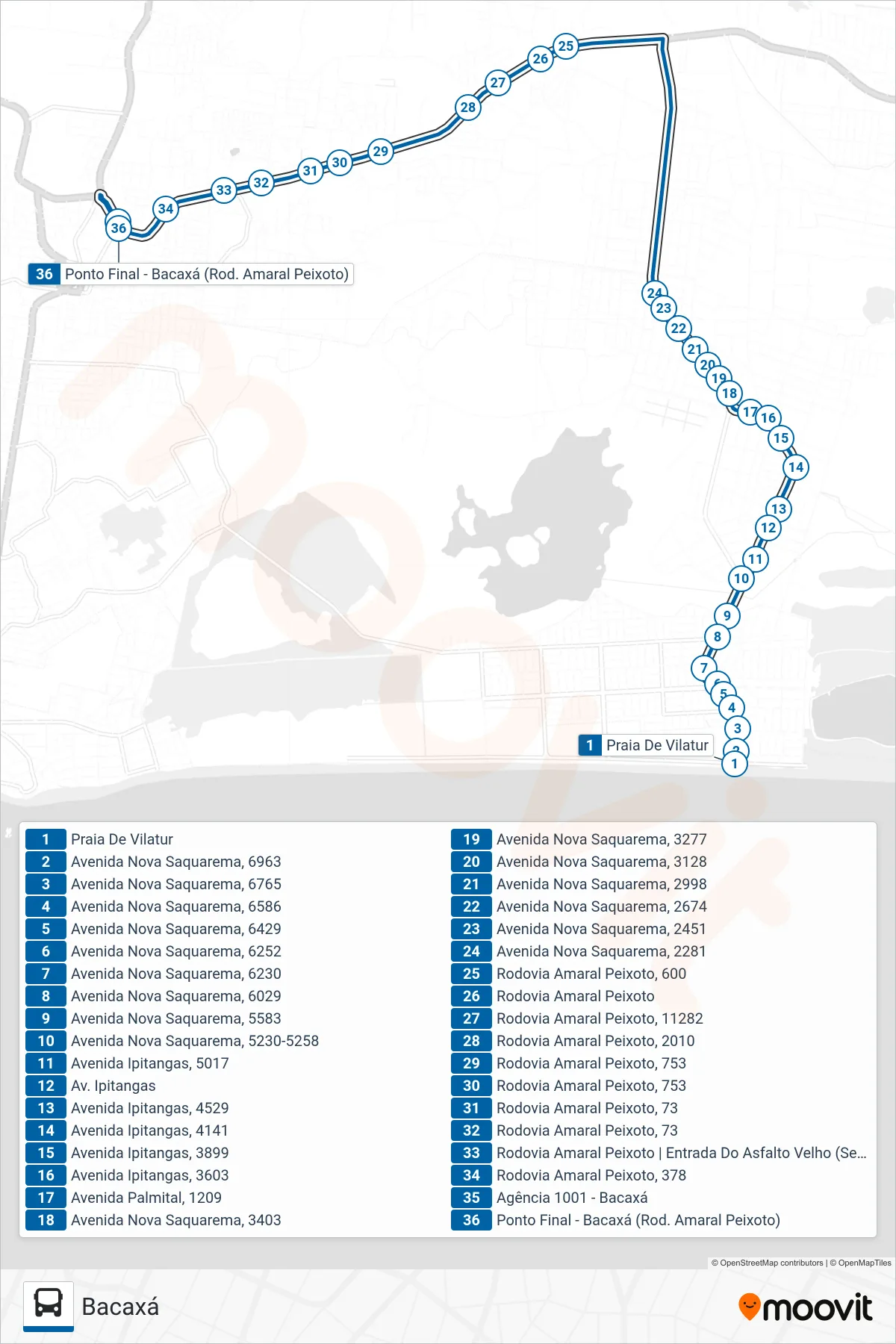 Rota e paradas da linha de ônibus 42 (Bacaxá) no mapa